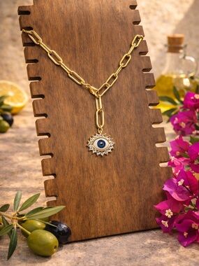 Gold Evil Eye Pendant Necklace with Blue Center - Women Jewelry
